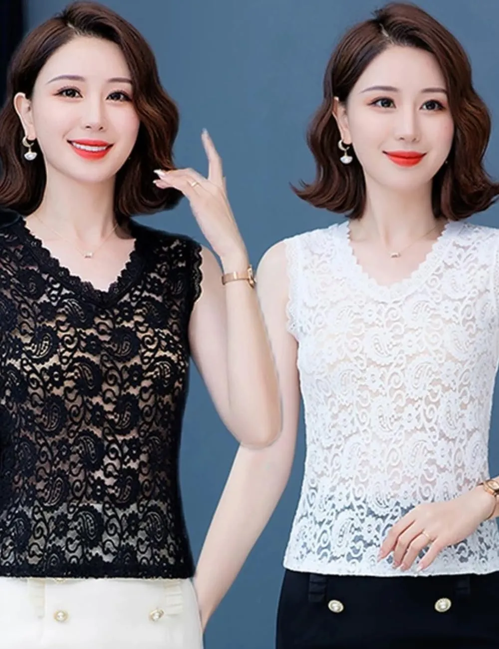 Women's Sleeveless Mesh Floral Lace Scallop V Neck Backless Tank Top Blouse S-L