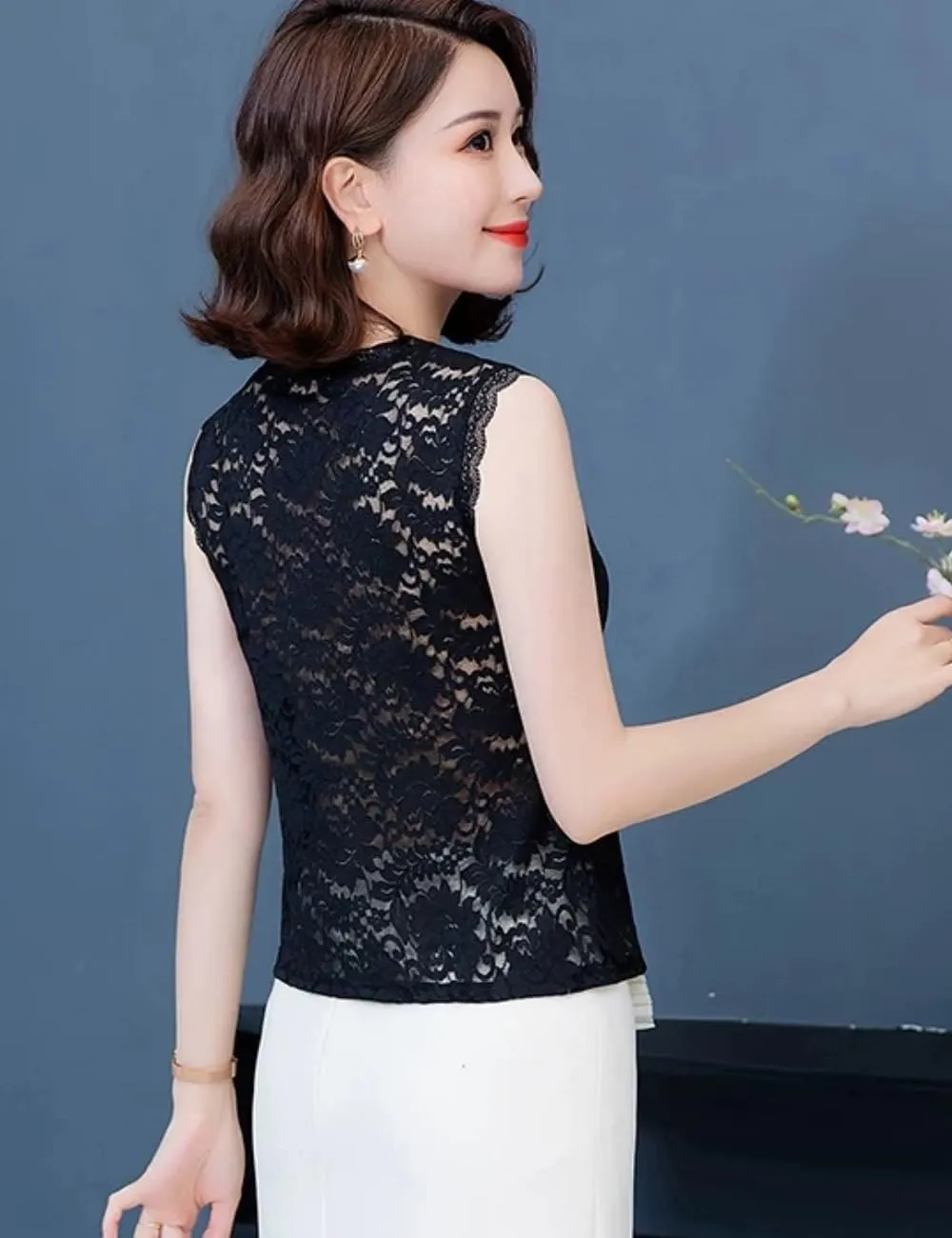 Women's Sleeveless Mesh Floral Lace Scallop V Neck Backless Tank Top Blouse S-L