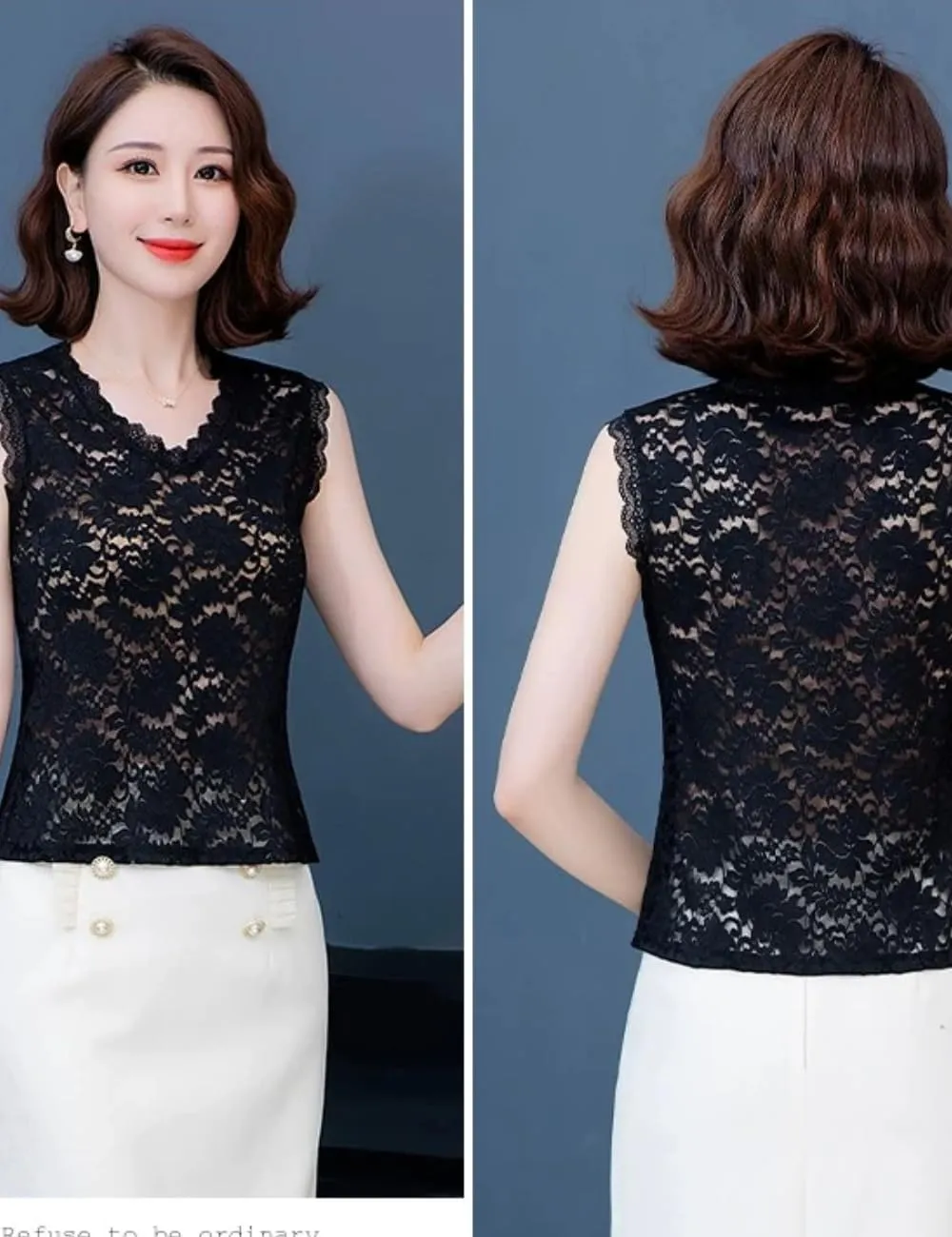 Women's Sleeveless Mesh Floral Lace Scallop V Neck Backless Tank Top Blouse S-L