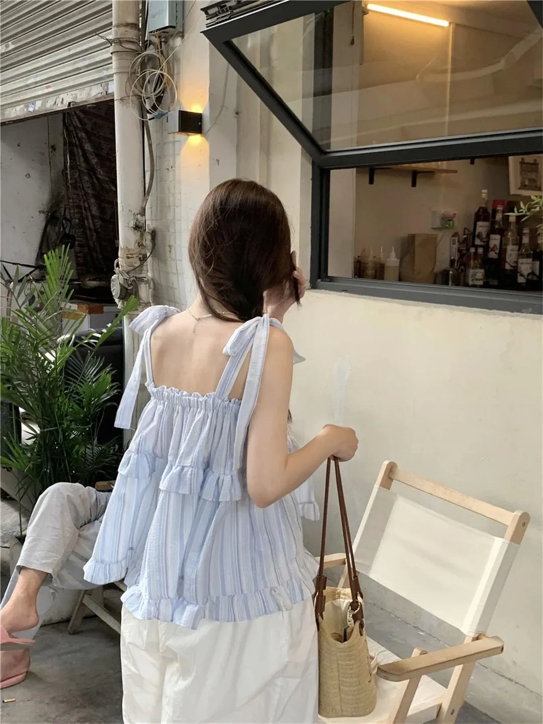 Women's Sleeveless Straps Lace-Up Loose Striped Camisole Suspender Tops