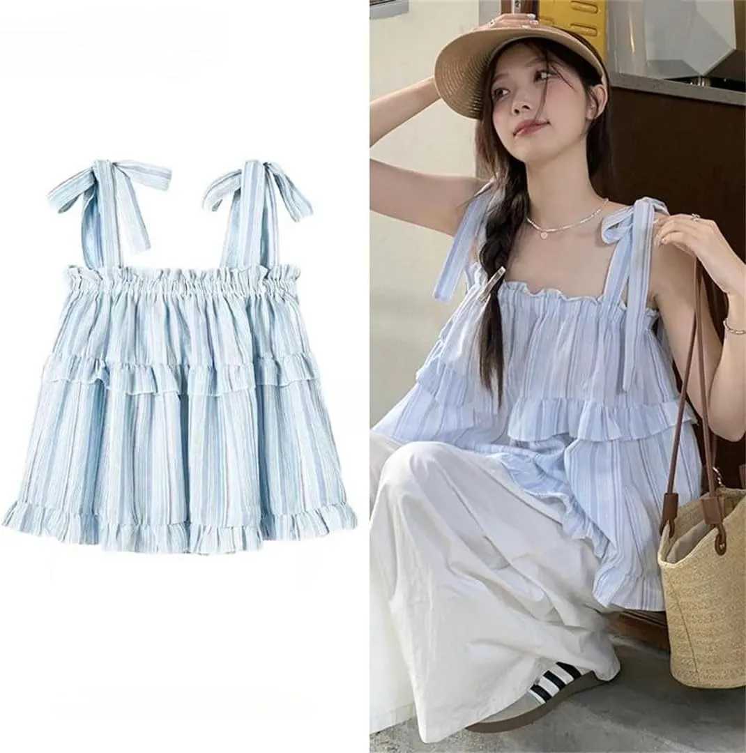 Women's Sleeveless Straps Lace-Up Loose Striped Camisole Suspender Tops