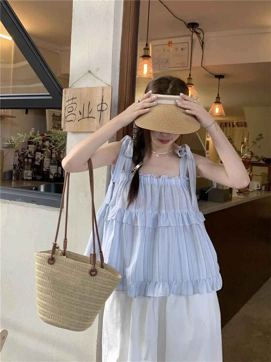 Women's Sleeveless Straps Lace-Up Loose Striped Camisole Suspender Tops
