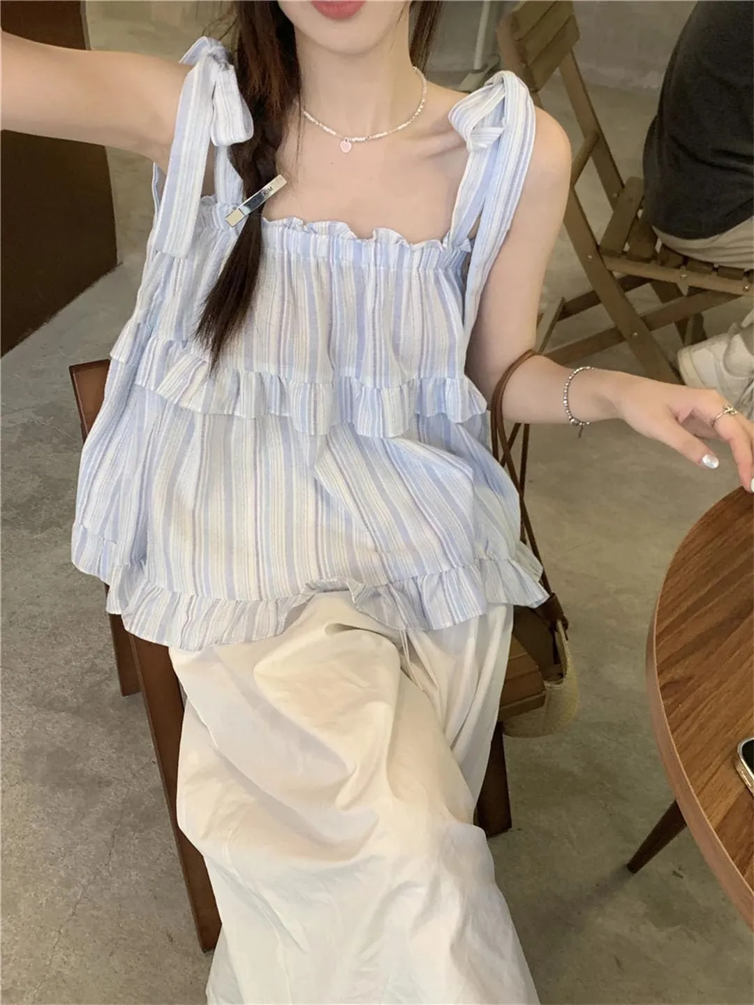 Women's Sleeveless Straps Lace-Up Loose Striped Camisole Suspender Tops