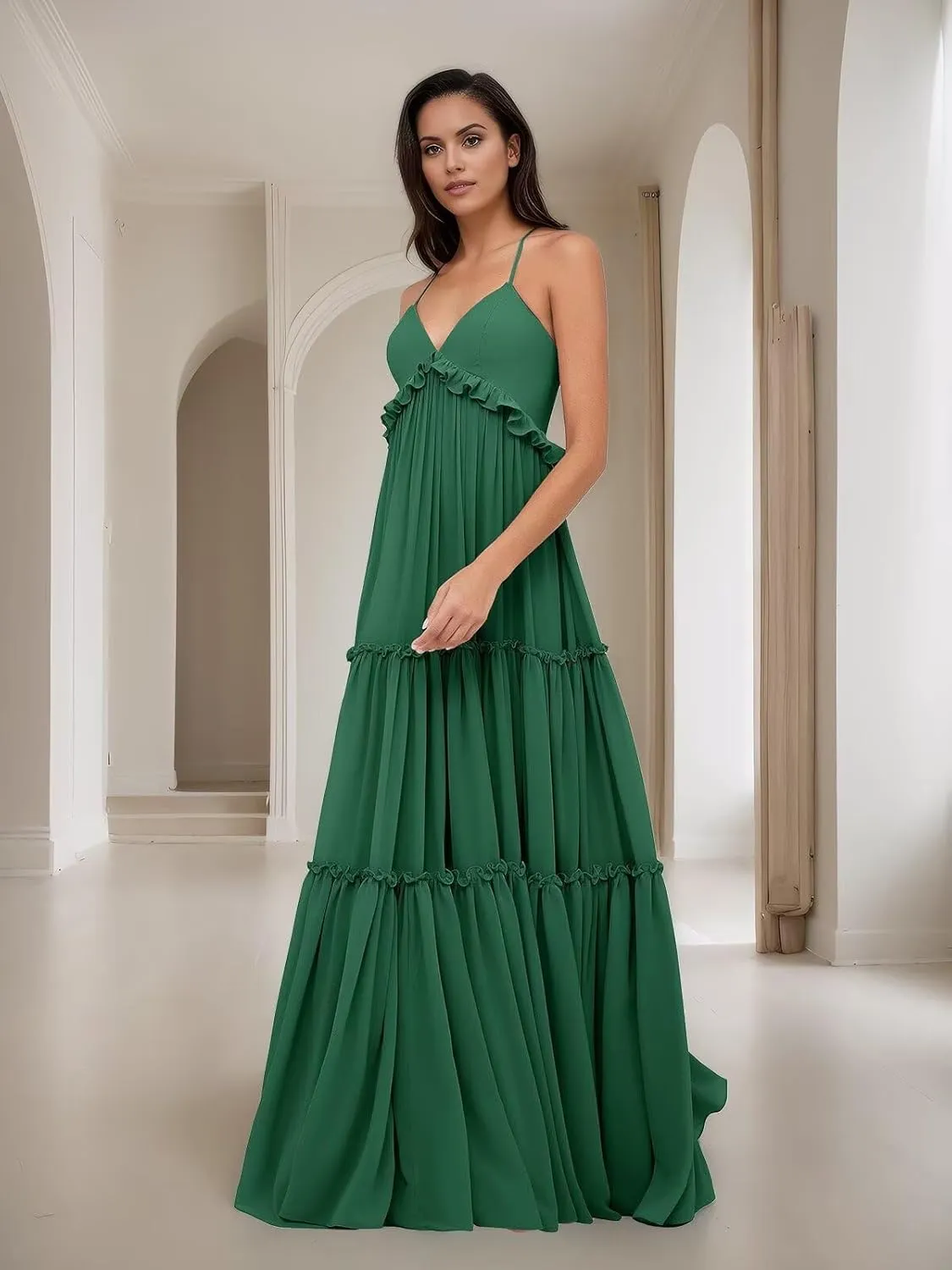 Women's Spaghetti Straps Chiffon Bridesmaid Dresses for Wedding Party V-Neck Tiered Formal Guest Evening Gowns DR0743