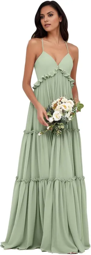 Women's Spaghetti Straps Chiffon Bridesmaid Dresses for Wedding Party V-Neck Tiered Formal Guest Evening Gowns DR0743