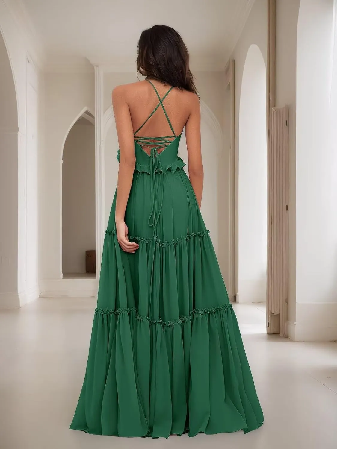 Women's Spaghetti Straps Chiffon Bridesmaid Dresses for Wedding Party V-Neck Tiered Formal Guest Evening Gowns DR0743