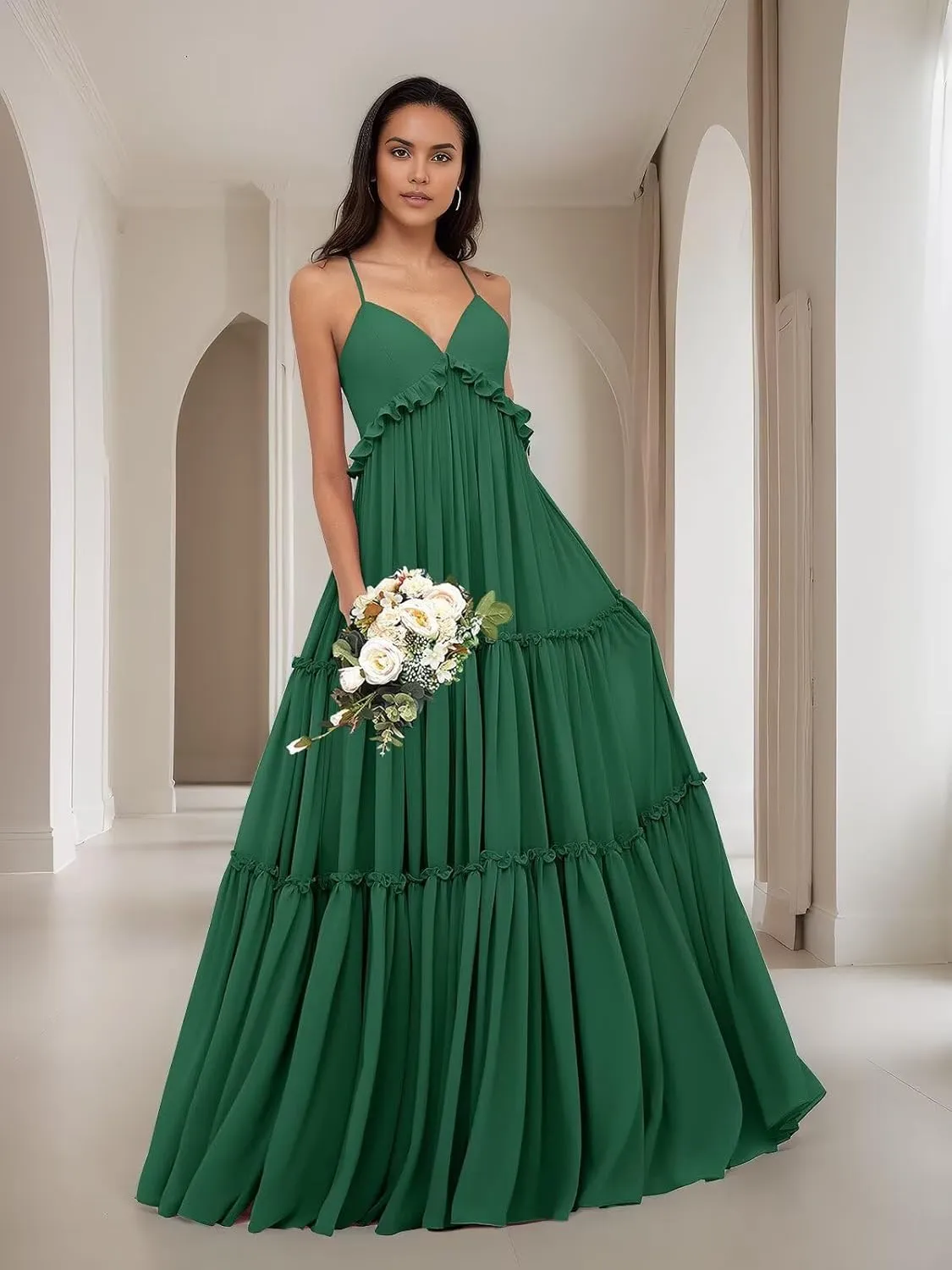 Women's Spaghetti Straps Chiffon Bridesmaid Dresses for Wedding Party V-Neck Tiered Formal Guest Evening Gowns DR0743
