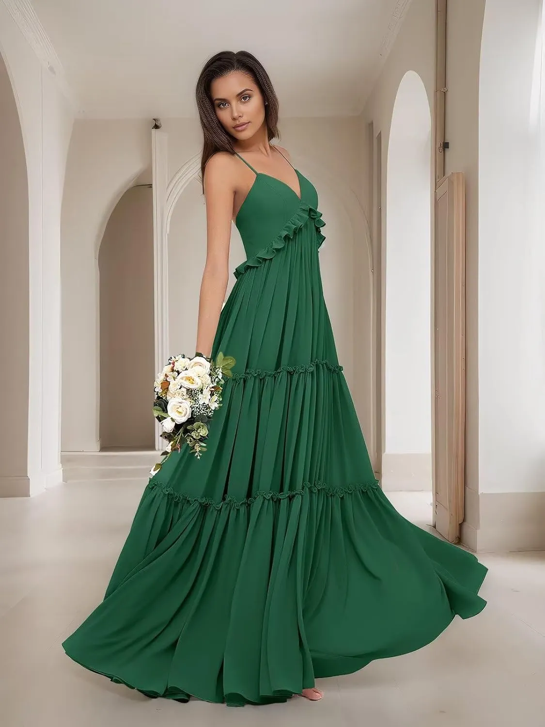 Women's Spaghetti Straps Chiffon Bridesmaid Dresses for Wedding Party V-Neck Tiered Formal Guest Evening Gowns DR0743