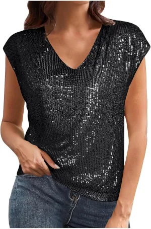 Womens Sparkle Sequin Top - Shimmer Glitter Blouses V Neck Cap Sleeve Club Party Shirts Disco Concert Tanks Tops 2025