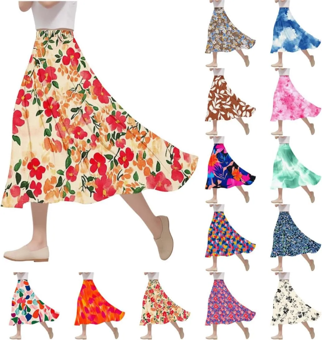 Women's Summer Boho Floral Maxi Skirts High Waisted Flowy Swing Pleated Beach Skorts Long Short Vacation Outfits S-3XL