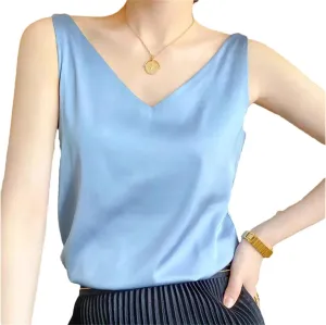 Women's Summer Ice Silk Camisole V-Neck Tops Satin Camis Crop Top Solid Blouse Vest Cardamom XL