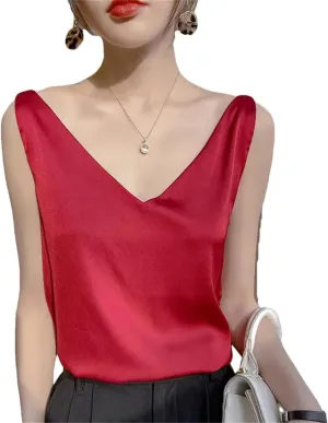 Women's Summer Ice Silk Camisole V-Neck Tops Satin Camis Crop Top Solid Blouse Vest Wine red XL