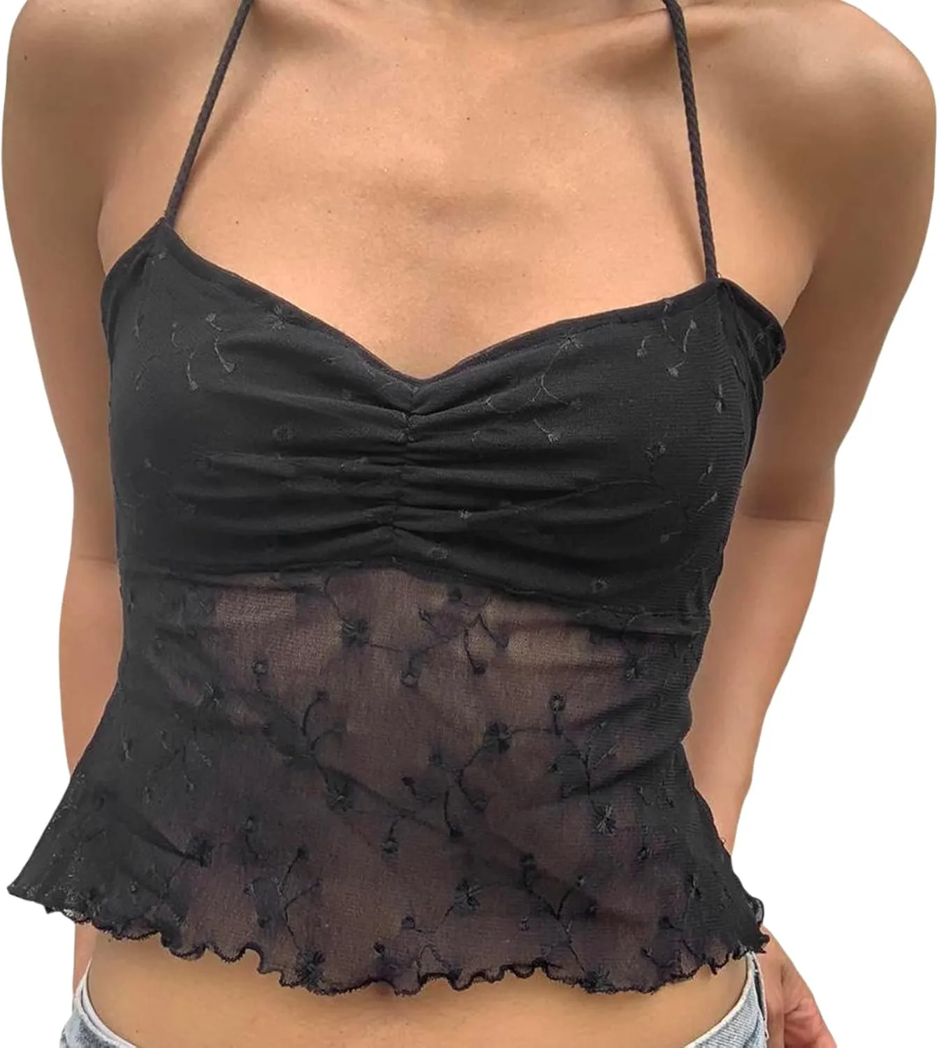 Womens Summer Spaghetti Strap Lace Crop Tank Tops Sleeveless Corset Camisole Y2k Pleated Slim Fit Bustier Vest