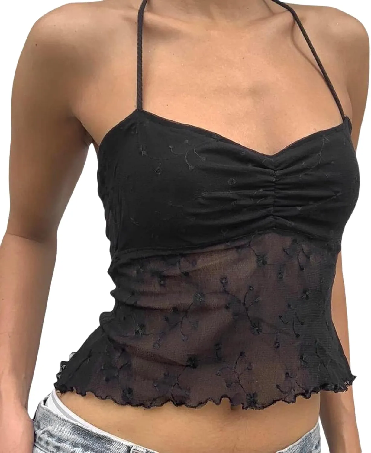 Womens Summer Spaghetti Strap Lace Crop Tank Tops Sleeveless Corset Camisole Y2k Pleated Slim Fit Bustier Vest
