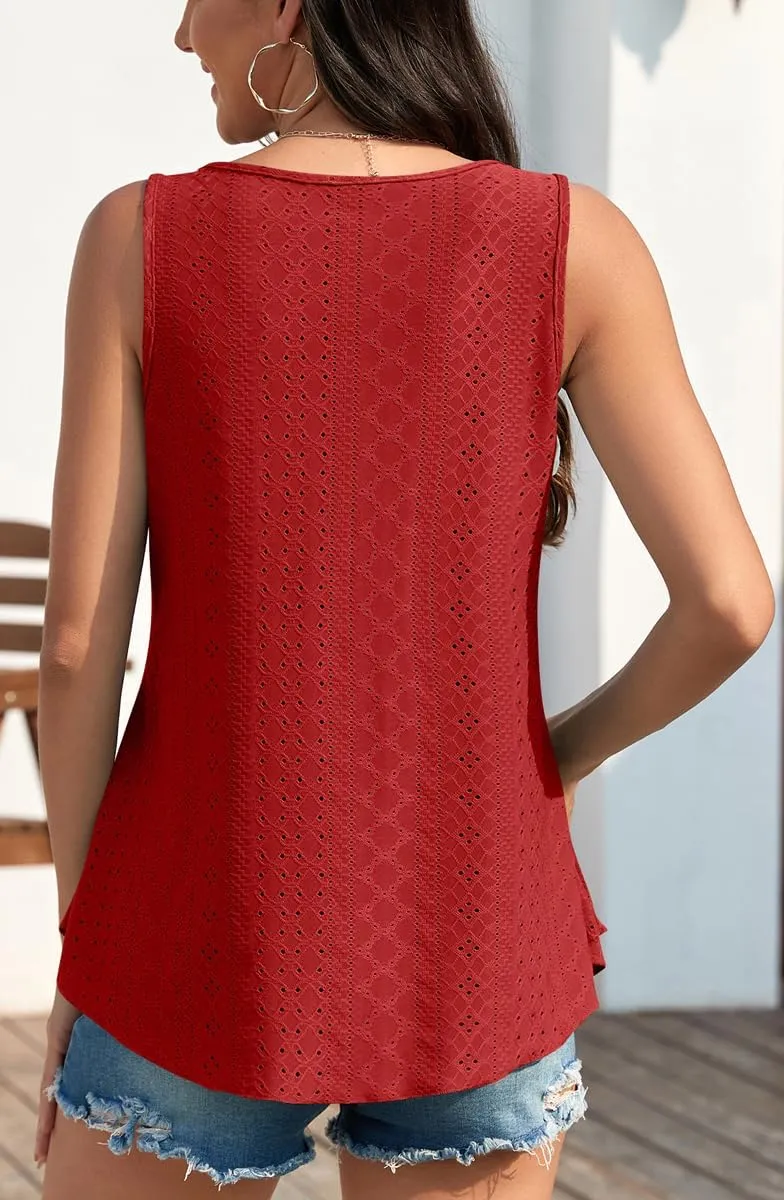 Womens Tank Tops Eyelet Embroidery Sleeveless Cami Scoop Neck Loose Casual Summer Camisole Shirts
