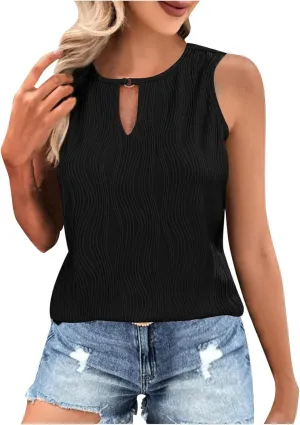 Women's Textured Sleeveless Camisole Pleated Vest Round Neck Trendy Eyelet Cami Working Vacation Casual Basic Top