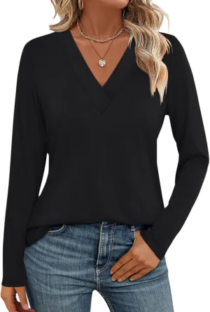 Womens V Neck Long Sleeve Shirts Dressy Casual Fall Tops Trendy Loose Tunic Tops Blouse