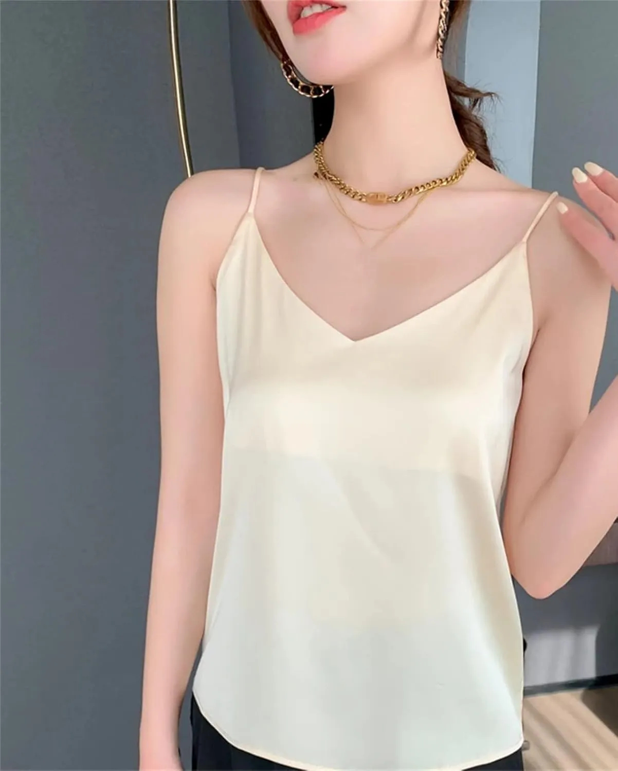 Women's V-Neck Silk Camisole Summer All-Match Bottoming Shirt Loose Fit Sleeveless Blouses