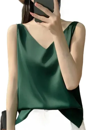 Women's V-Neck Tops Satin Camis Ice Silk Camisole Basic Sleeveless Shirts