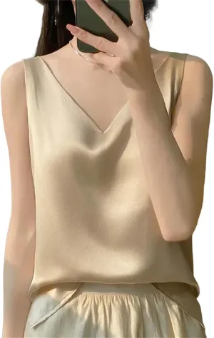 Women's V-Neck Tops Satin Camis Ice Silk Camisole Basic Sleeveless Shirts