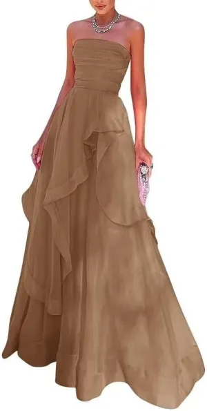 WORDSKEI Women's Strapless Prom Dress Long Chiffon Ruffles Bridesmaid Dresses A Line Formal Gowns for Wedding Guest