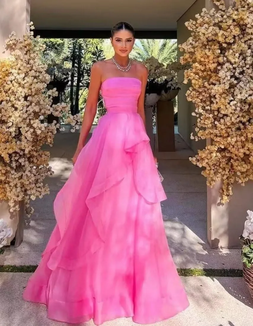 WORDSKEI Women's Strapless Prom Dress Long Chiffon Ruffles Bridesmaid Dresses A Line Formal Gowns for Wedding Guest