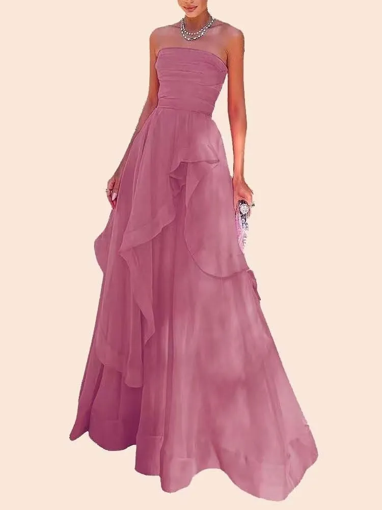 WORDSKEI Women's Strapless Prom Dress Long Chiffon Ruffles Bridesmaid Dresses A Line Formal Gowns for Wedding Guest