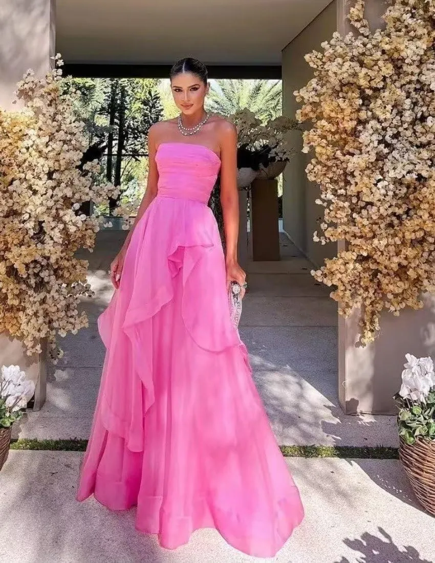 WORDSKEI Women's Strapless Prom Dress Long Chiffon Ruffles Bridesmaid Dresses A Line Formal Gowns for Wedding Guest