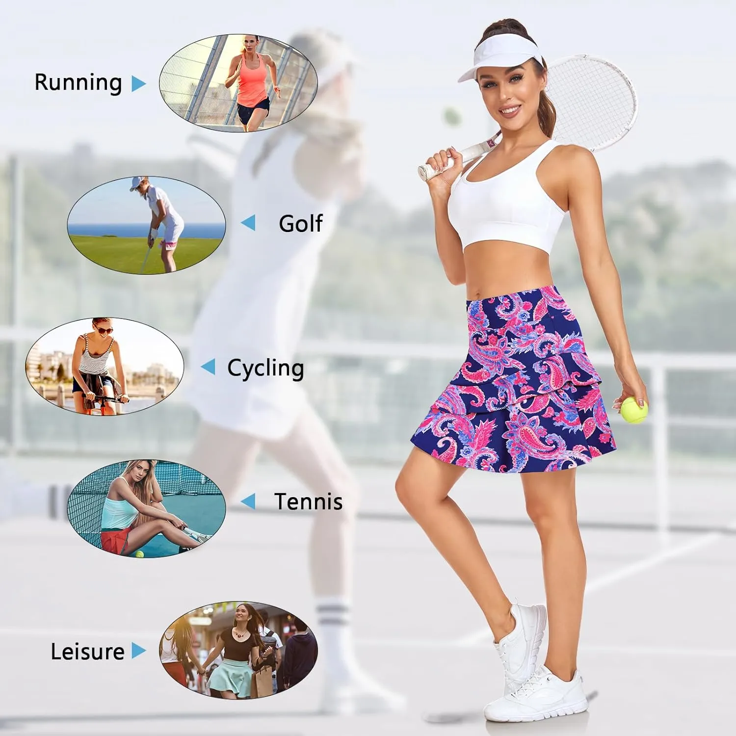 WOWENY Women's Active Skort Athletic Ruffle 17" Pleated Tennis Skirt with Pocket for Ladies Running Golf Workout