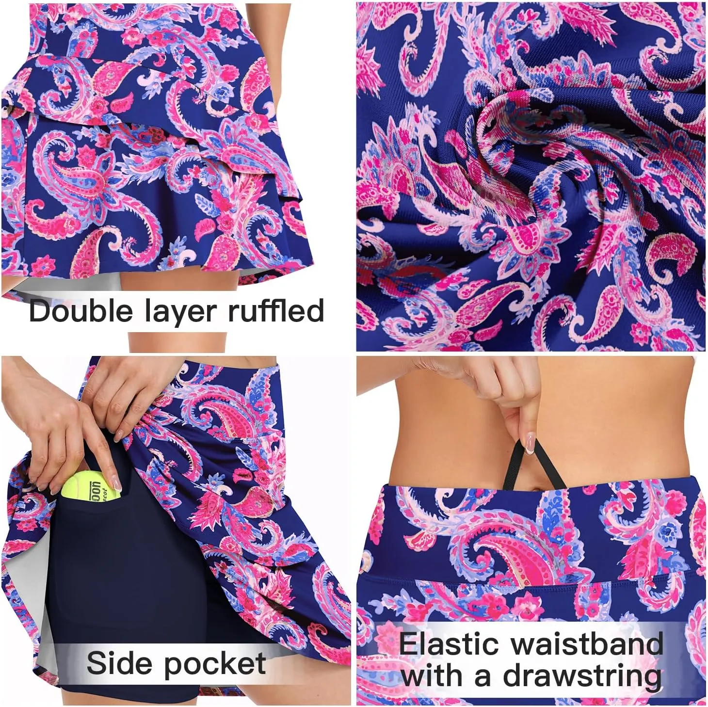 WOWENY Women's Active Skort Athletic Ruffle 17" Pleated Tennis Skirt with Pocket for Ladies Running Golf Workout