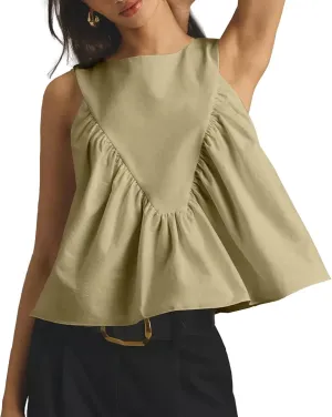 WOWULOVELY Womens Peplum Babydoll Tops Shirred Swing Tank Summer Sleeveless Pleated Flowy Vest Loose Ruffled Casual T-Shirts