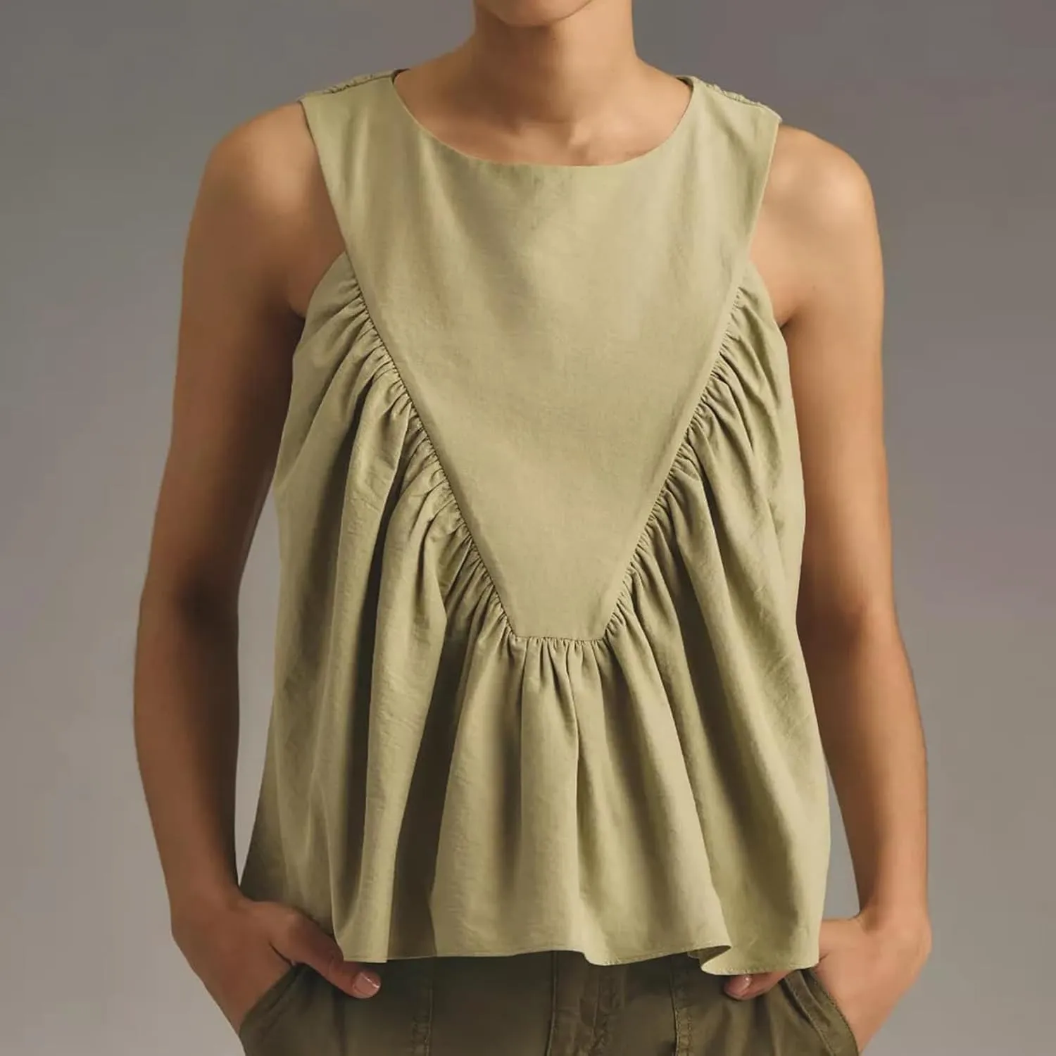 WOWULOVELY Womens Peplum Babydoll Tops Shirred Swing Tank Summer Sleeveless Pleated Flowy Vest Loose Ruffled Casual T-Shirts