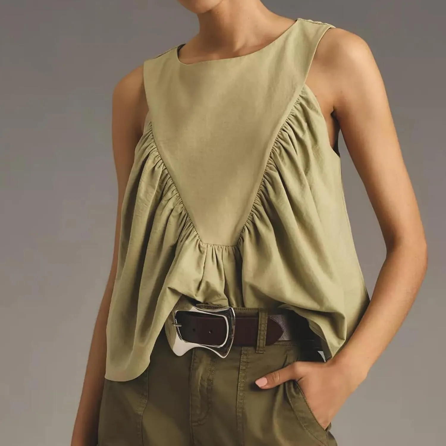 WOWULOVELY Womens Peplum Babydoll Tops Shirred Swing Tank Summer Sleeveless Pleated Flowy Vest Loose Ruffled Casual T-Shirts