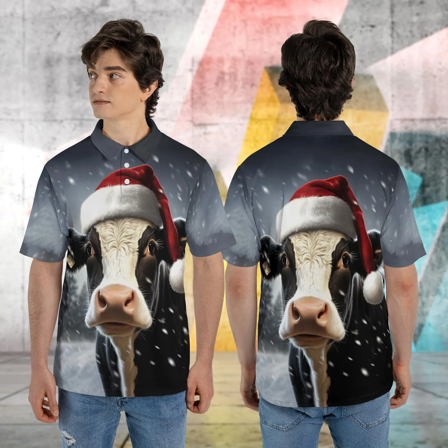 Xmas Cow Polo Shirts for Men - Galaxy Cat Mens Quick Dry Short Sleeve Polo Shirts Series 17