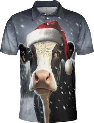 Xmas Cow Polo Shirts for Men - Galaxy Cat Mens Quick Dry Short Sleeve Polo Shirts Series 17