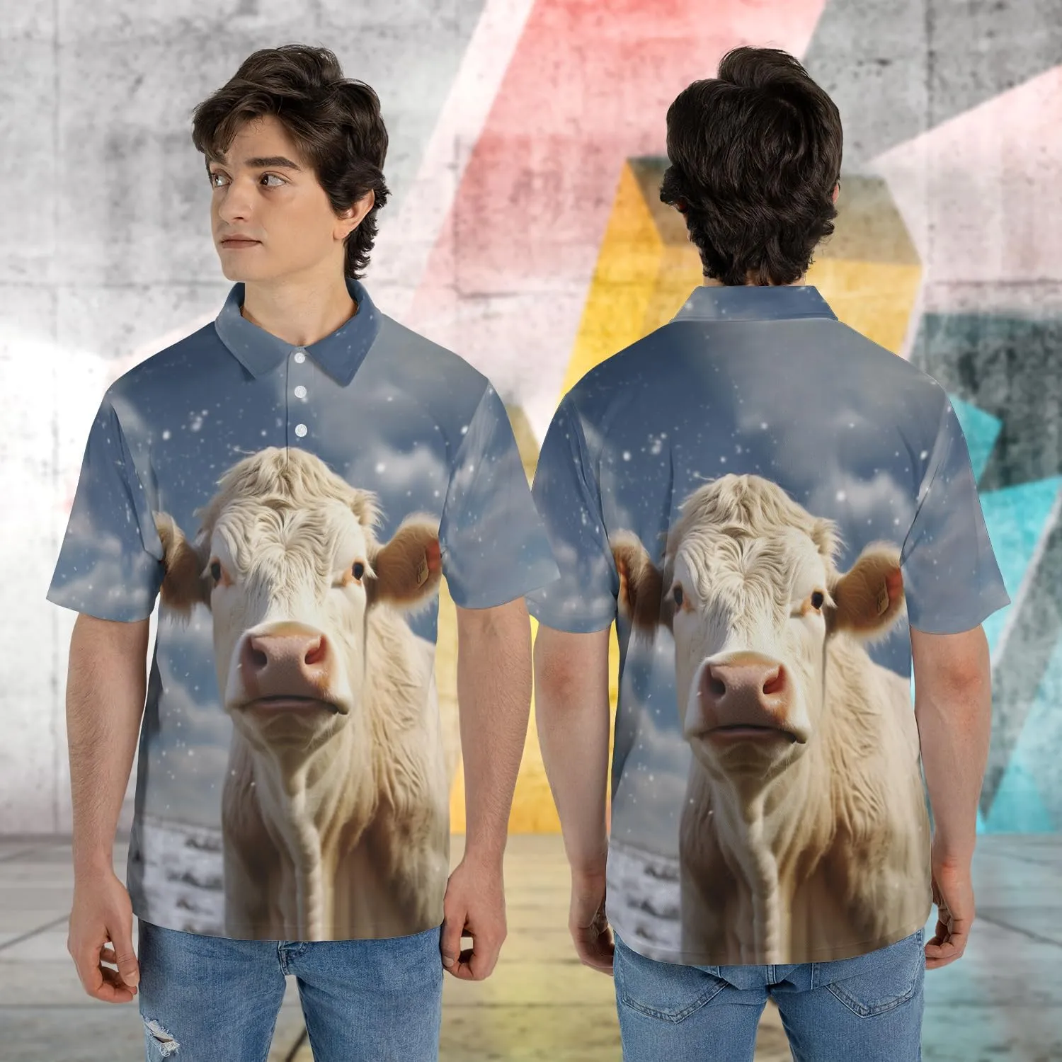 Xmas Cow Polo Shirts for Men - Galaxy Cat Mens Quick Dry Short Sleeve Polo Shirts Series 29