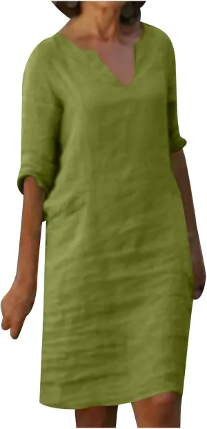 XUNRYAN Summer Linen Dresses Women 2023 Trendy Casual V Neck Half Sleeve Knee Length Dress Mature Ladies Fashion Clothing