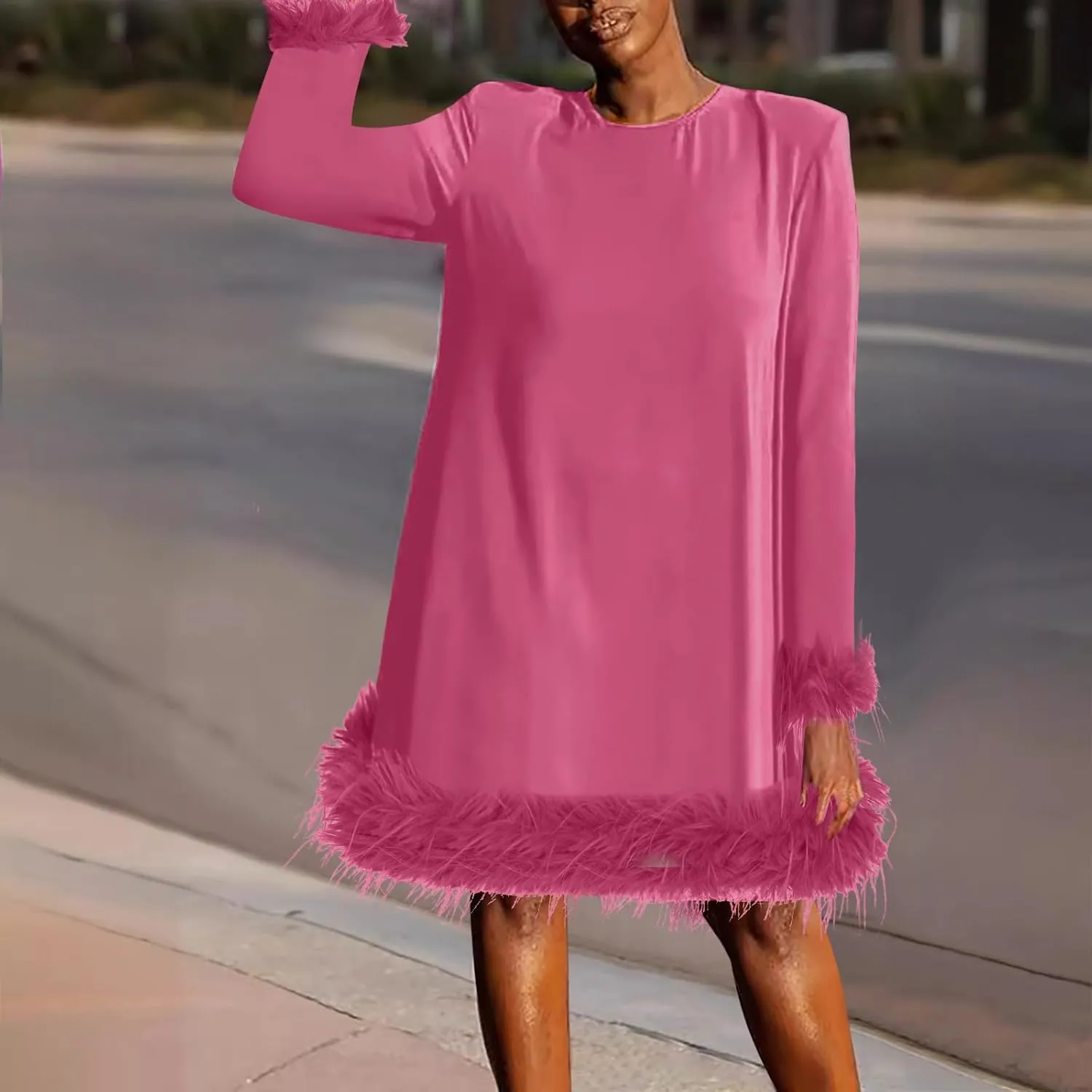 XUNRYAN Womens Feather Dress Trendy Long Sleeve Plus Size Elegant Formal Faux-Fur Trim Flowy Casual Cute Party Midi Dress