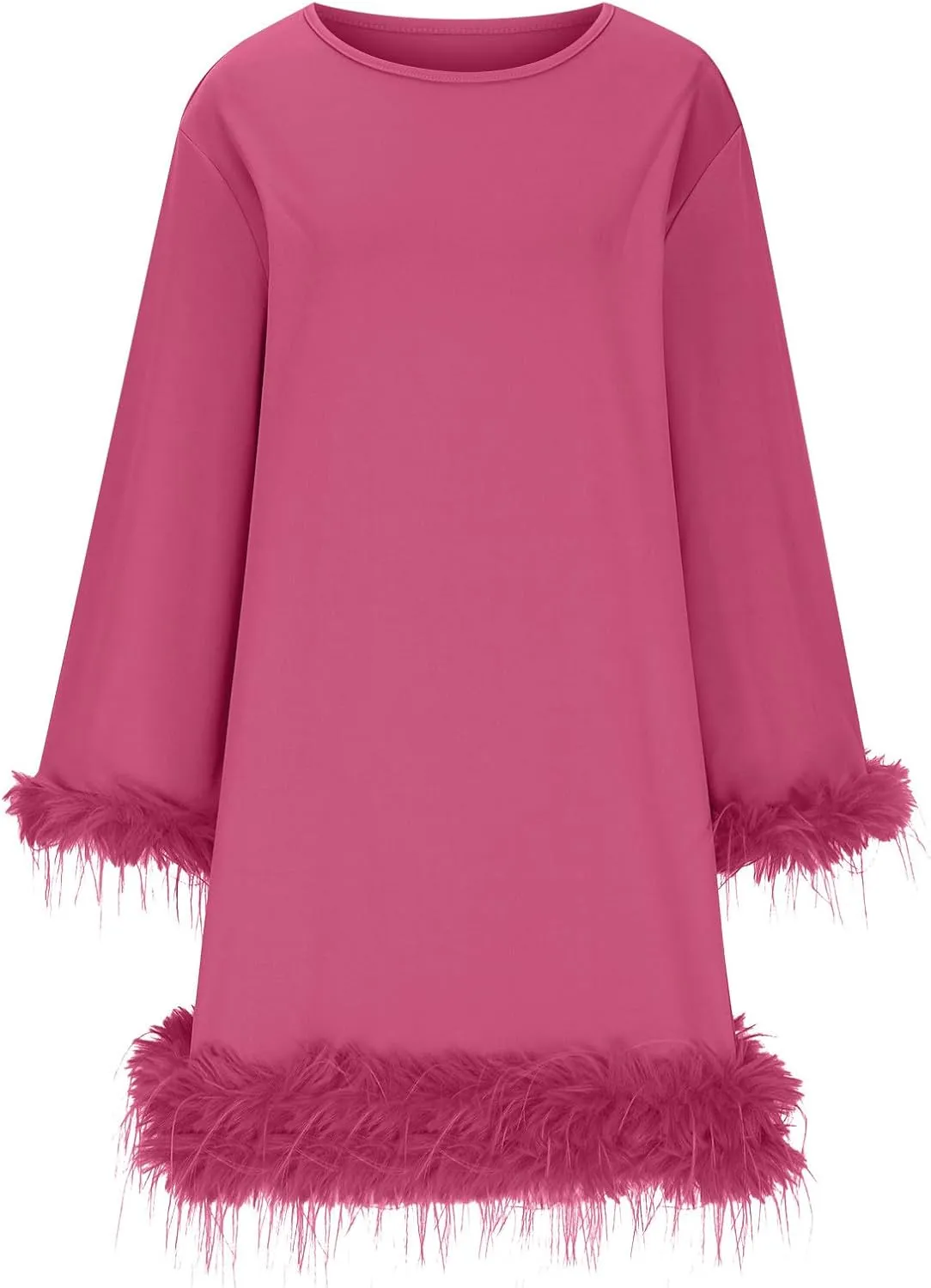 XUNRYAN Womens Feather Dress Trendy Long Sleeve Plus Size Elegant Formal Faux-Fur Trim Flowy Casual Cute Party Midi Dress
