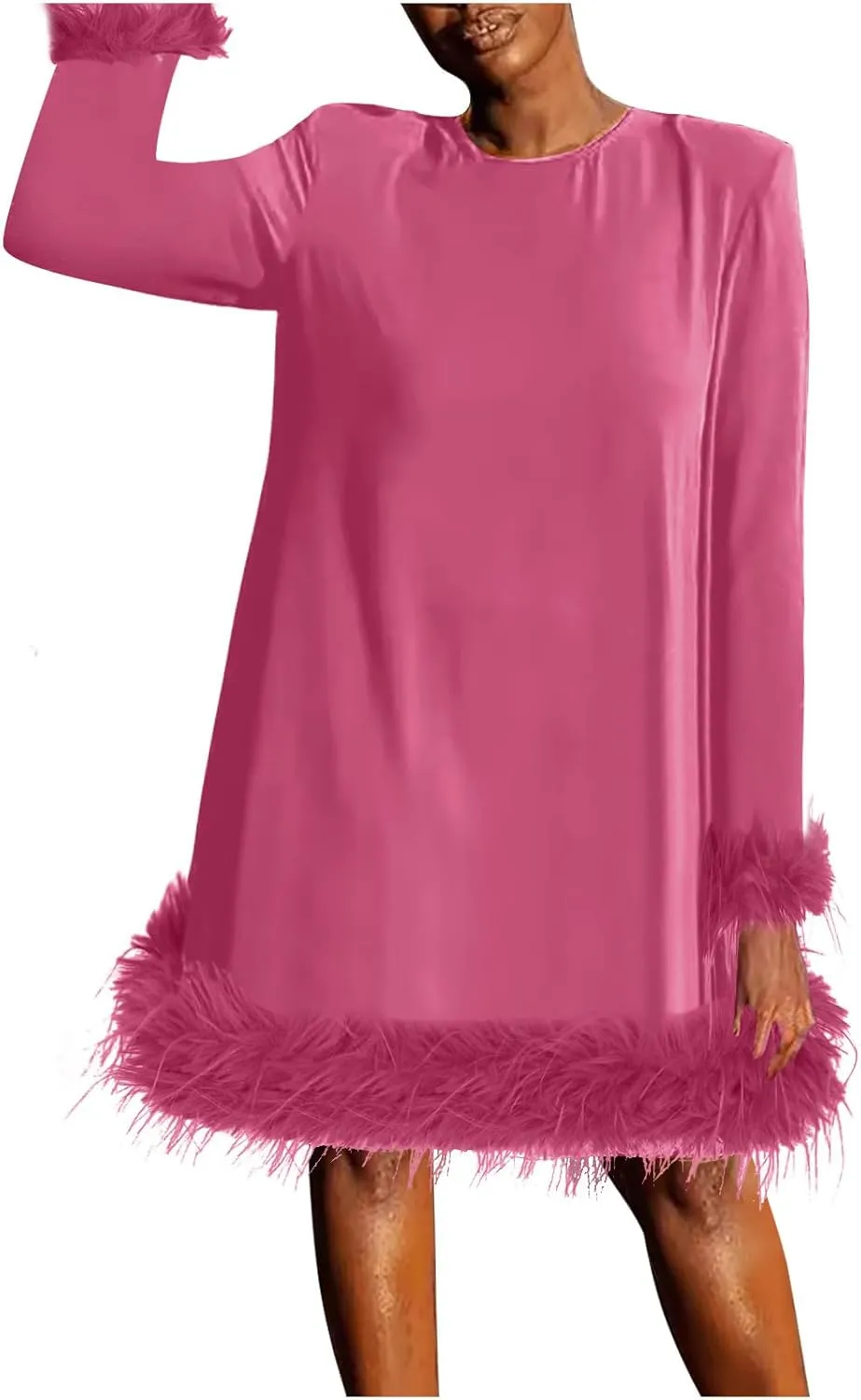 XUNRYAN Womens Feather Dress Trendy Long Sleeve Plus Size Elegant Formal Faux-Fur Trim Flowy Casual Cute Party Midi Dress
