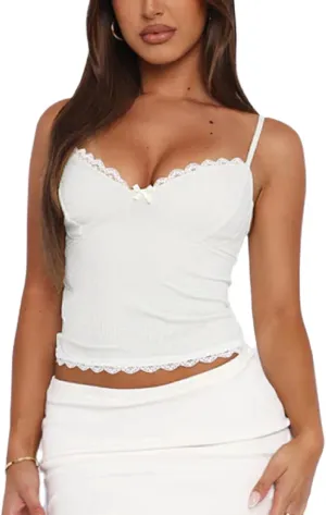 Y2k Lace Cami Tank Tops for Women Sexy Lace Trim Spaghetti Strap Camisole Backless Summer Going Out Crop Top(F-1 Lace Trim White,M)