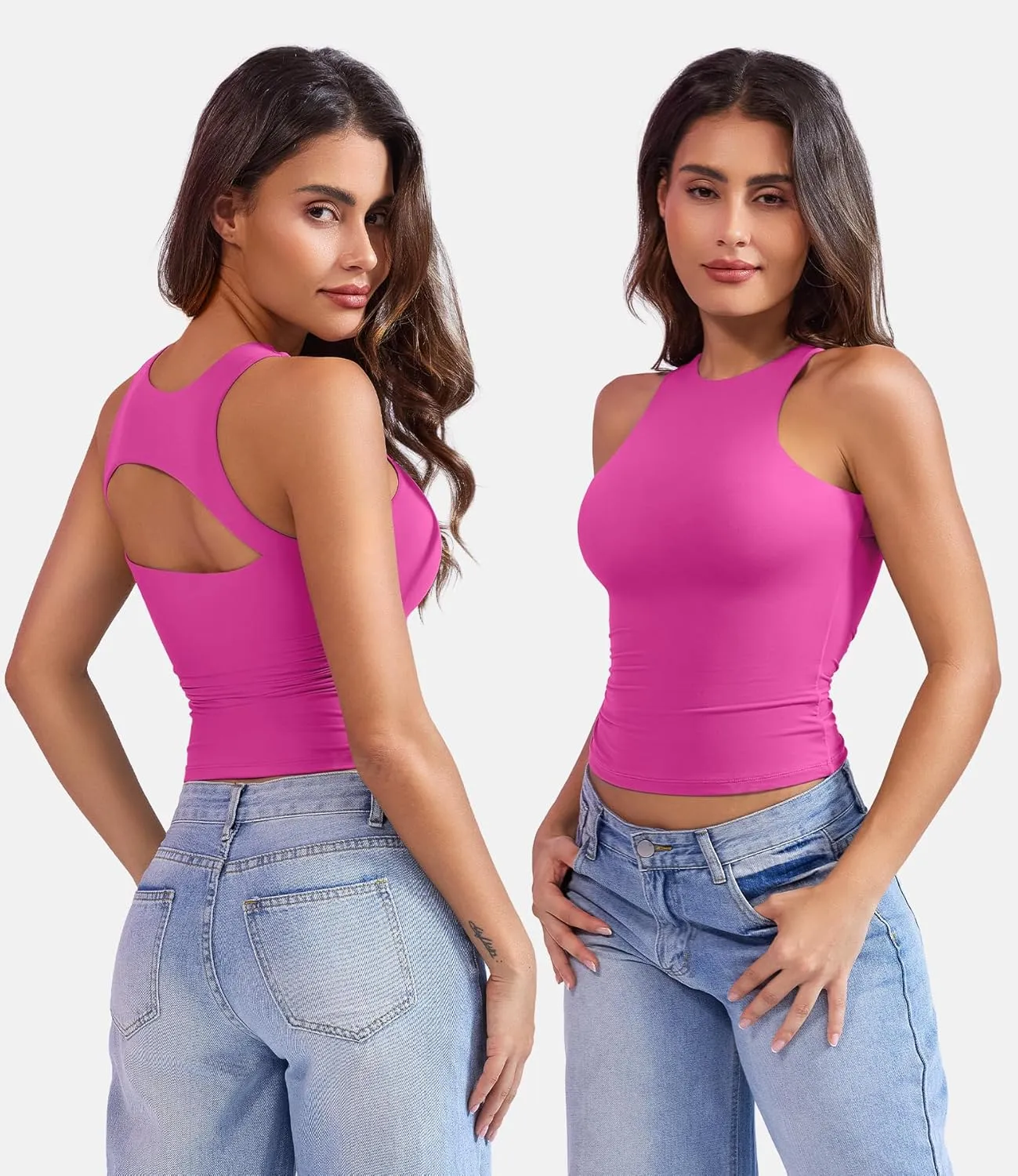YEOREO Double Lined Tank Tops for Women High Neck Basic Y2K Going Out Tops Breynne Open Back Workout Yoga Crop Top