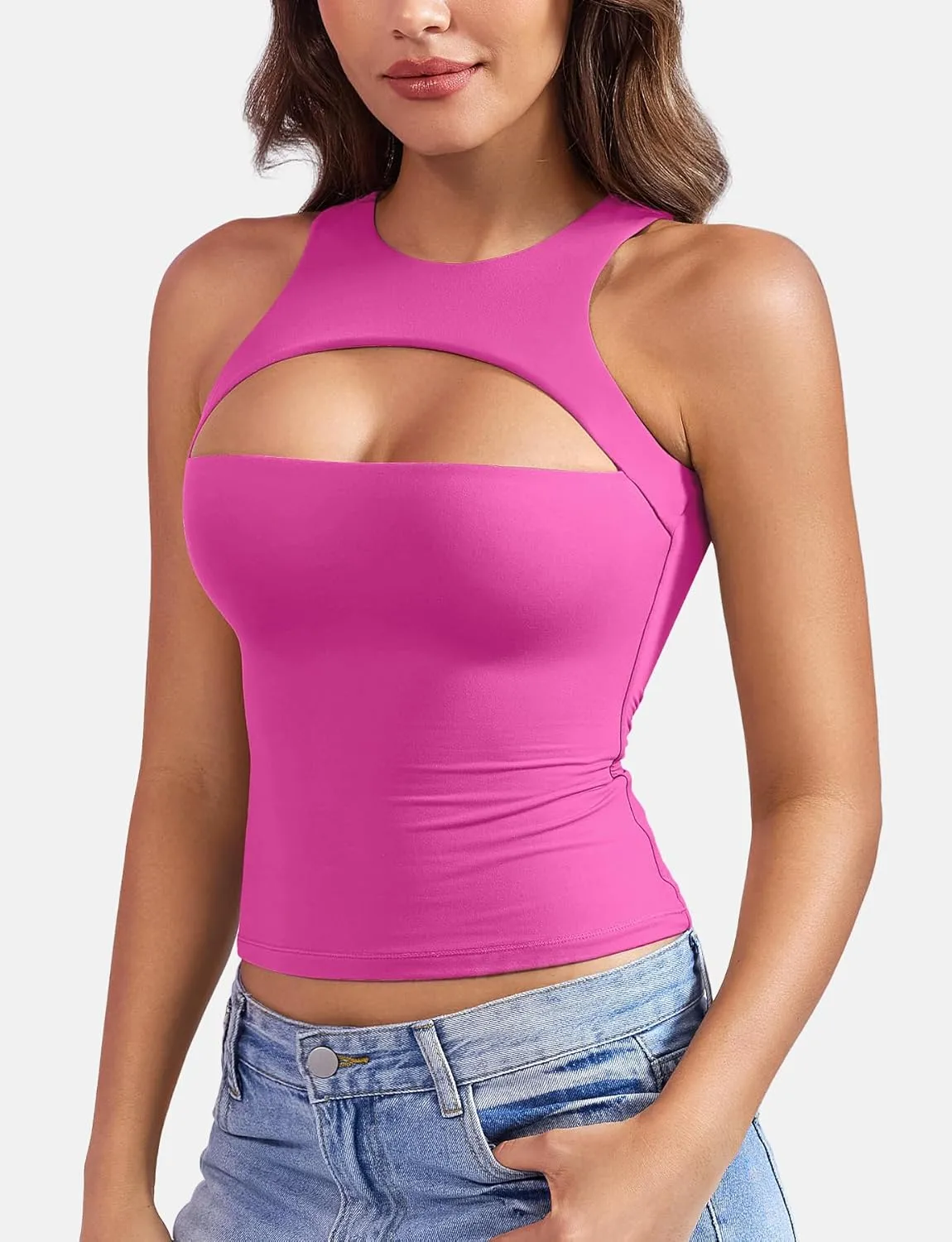 YEOREO Double Lined Tank Tops for Women High Neck Basic Y2K Going Out Tops Breynne Open Back Workout Yoga Crop Top