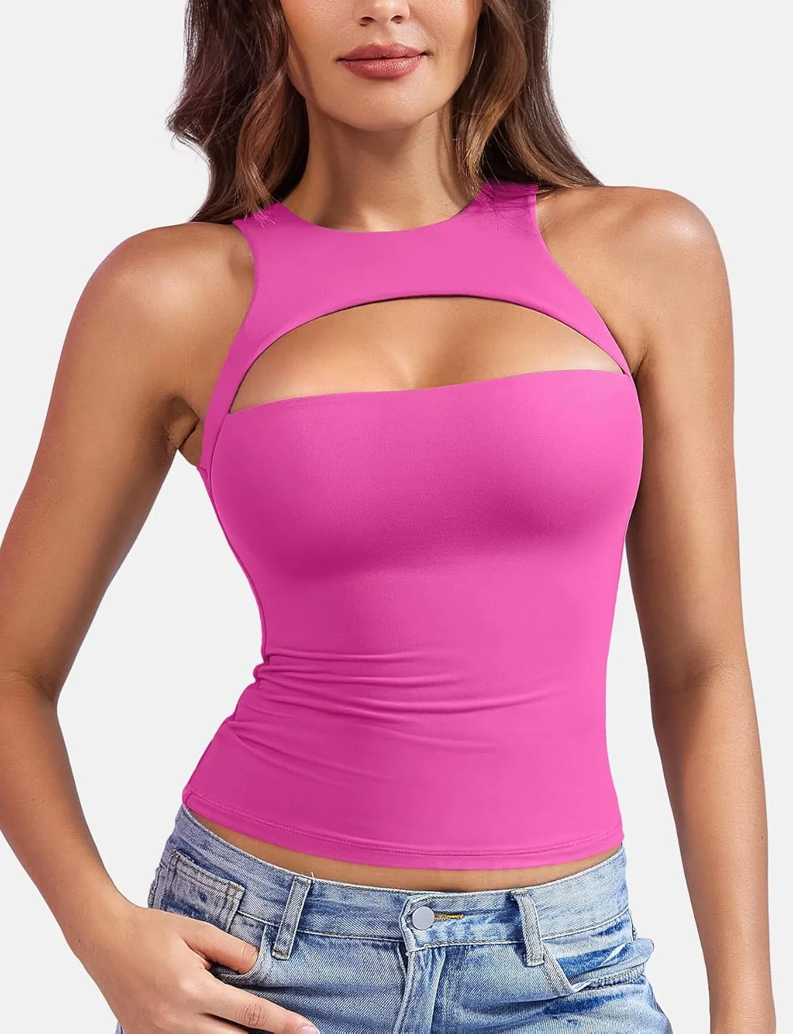 YEOREO Double Lined Tank Tops for Women High Neck Basic Y2K Going Out Tops Breynne Open Back Workout Yoga Crop Top
