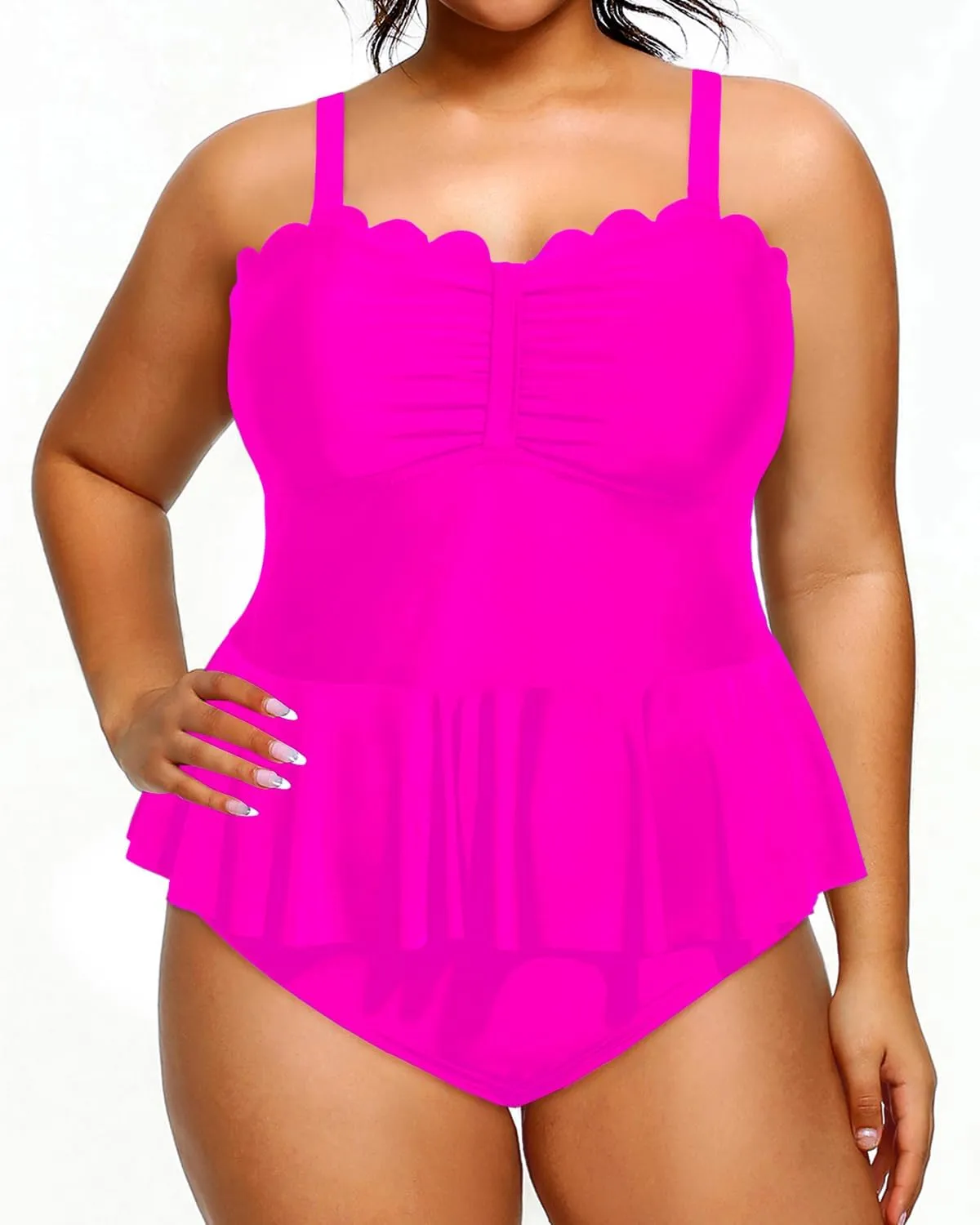 Yonique Women Plus Size 2 Piece Tankini Swimsuits Ruched Bathing Suits Peplum Swimwear Scalloped Swimsuits