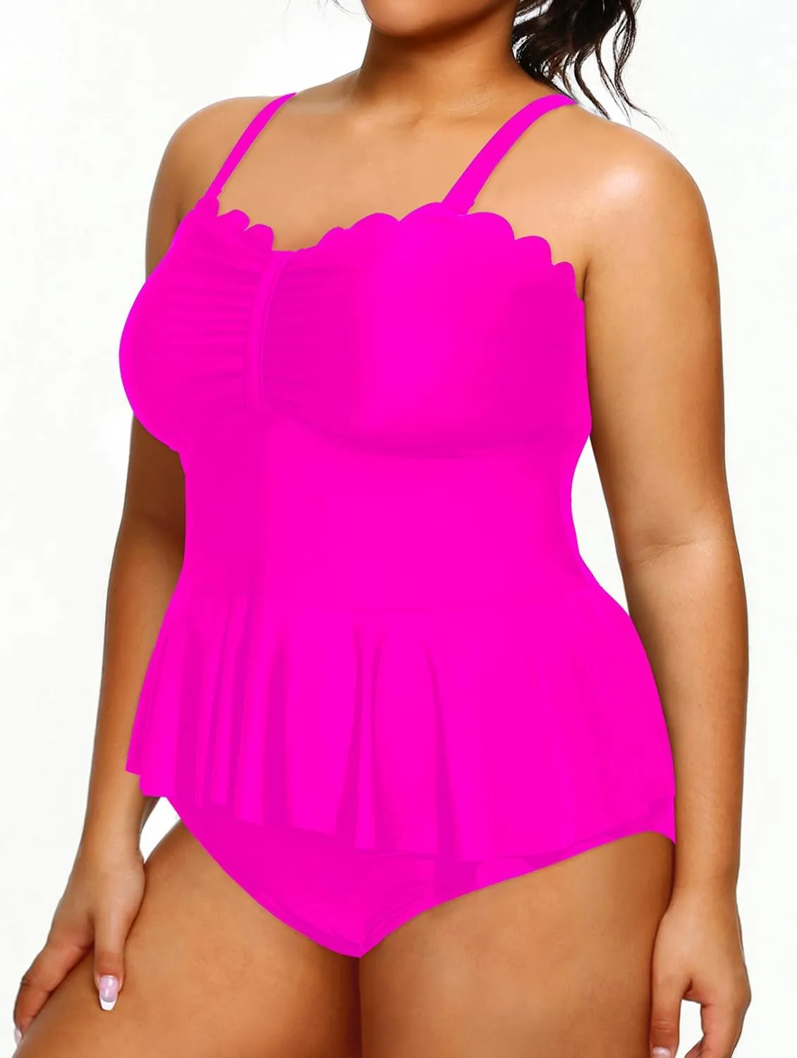 Yonique Women Plus Size 2 Piece Tankini Swimsuits Ruched Bathing Suits Peplum Swimwear Scalloped Swimsuits