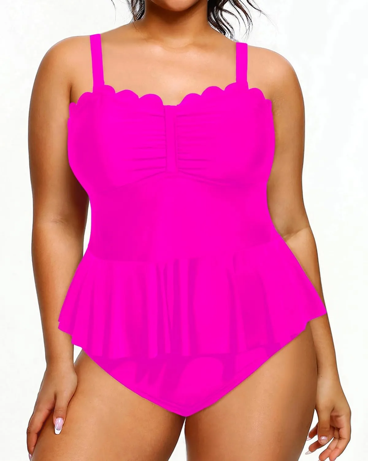 Yonique Women Plus Size 2 Piece Tankini Swimsuits Ruched Bathing Suits Peplum Swimwear Scalloped Swimsuits