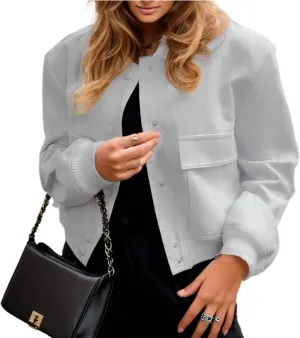 YSW Womens Cropped Bomber Jacket Baseball Varsity Jacket Casual Jackets with Pockets Button Down Chaquetas de Mujer