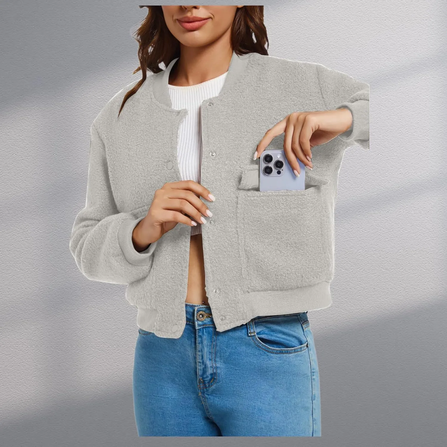 YSW Womens Cropped Bomber Jacket Baseball Varsity Jacket Casual Jackets with Pockets Button Down Chaquetas de Mujer