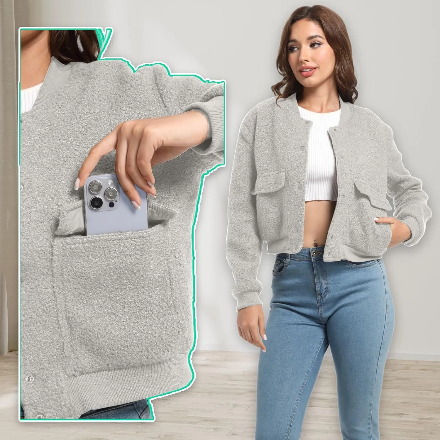 YSW Womens Cropped Bomber Jacket Baseball Varsity Jacket Casual Jackets with Pockets Button Down Chaquetas de Mujer